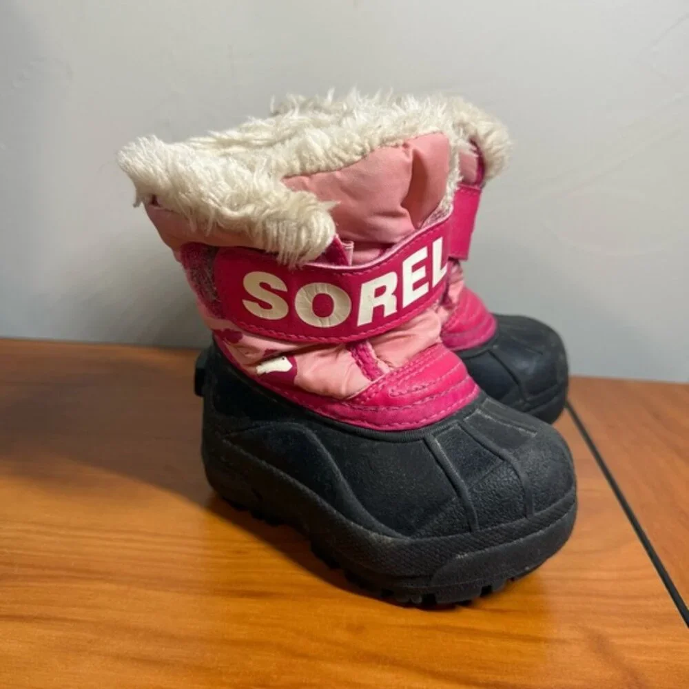 Sorel Kids Snow Commander Snow Boot‎ Pink Fur Trim Winter T5